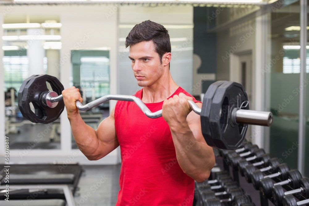 Muscular man lifting barbell in gym Muscular man lifting barbell in gym