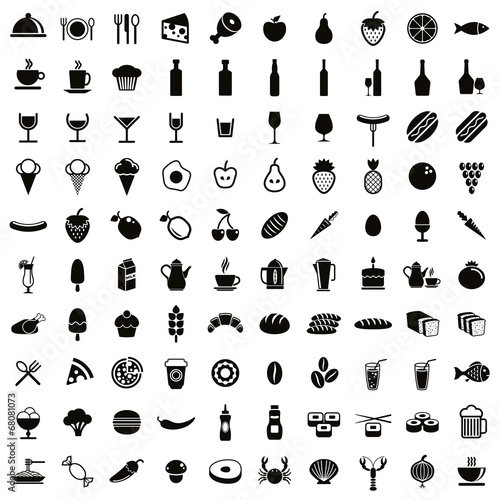 100 food and drink icons set.