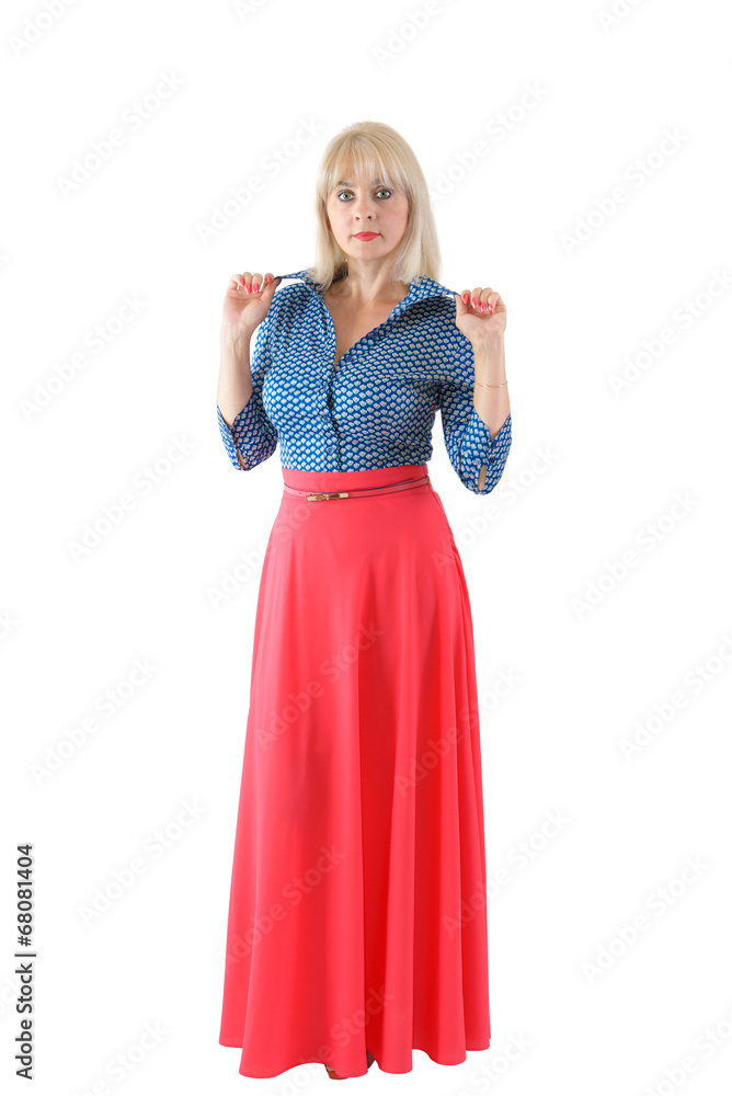 The beautiful blonde in a red skirt The beautiful blonde in a red skirt