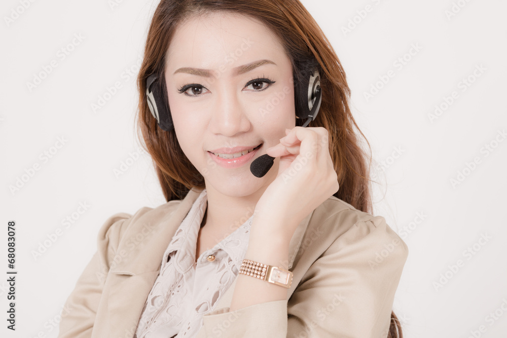Portrait of happy smiling cheerful support phone operator in hea Portrait of happy smiling cheerful support phone operator in hea