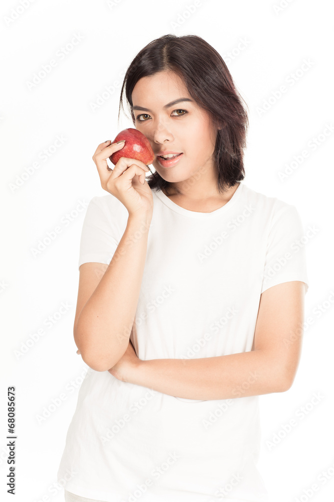Smiling woman with apple isolated on white Smiling woman with apple isolated on white