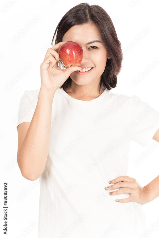Smiling woman with apple isolated on white Smiling woman with apple isolated on white
