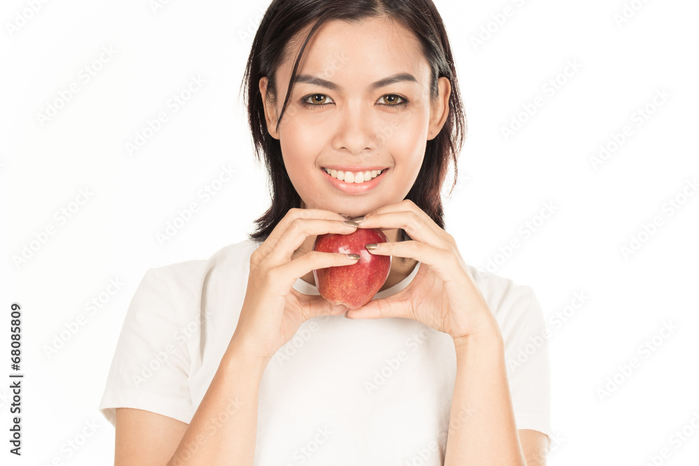 Smiling woman with apple isolated on white Smiling woman with apple isolated on white
