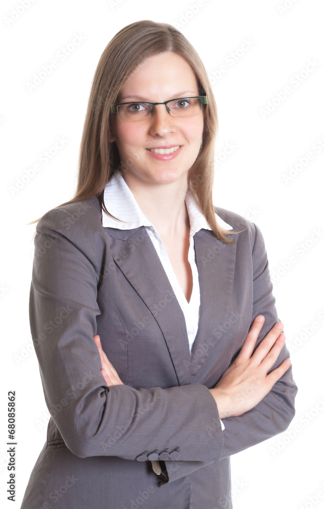 Saleswoman with eyeglasses and crossed arms in a grey jacket Saleswoman with eyeglasses and crossed arms in a grey jacket