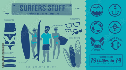 Surfing - surf design - vintage labels & illustration