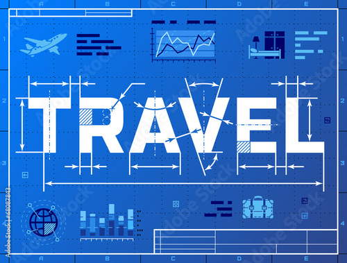 Word TRAVEL like blueprint drawing. Drafting of tourism concept