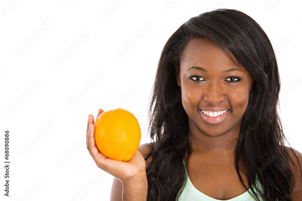 Happy woman holding orange fruit isolated on white background Happy woman holding orange fruit isolated on white background