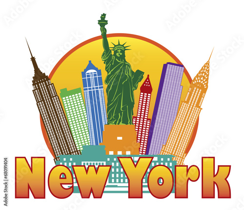 New York City Colorful Skyline in Circle Vector Illustration