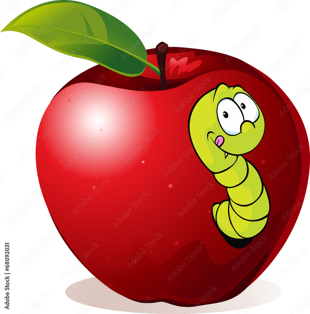 illustration of Cartoon Worm In Red Apple Stock Vector | Adobe Stock
