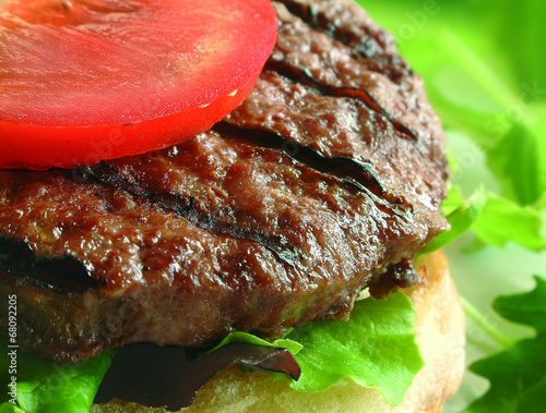 burger on bun with tomato and lettuce photo