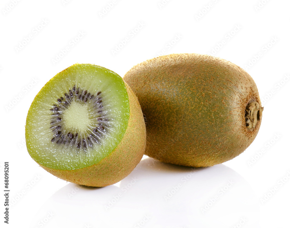 Whole kiwi fruit and his sliced segments isolated on white backg Whole kiwi fruit and his sliced segments isolated on white backg