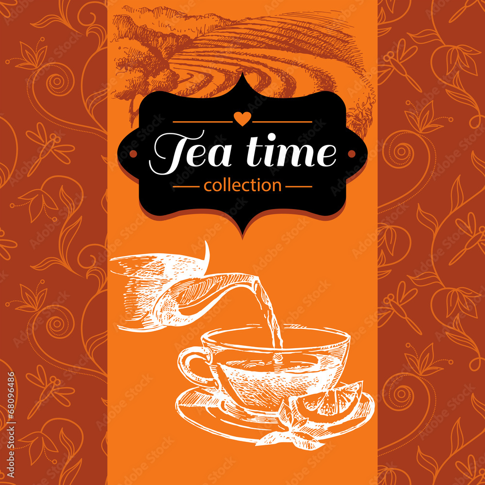 Tea vintage background. Hand drawn sketch illustration Stock Vector