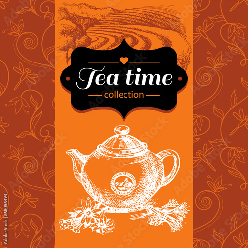 Tea vintage background. Hand drawn sketch illustration