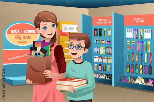Mother and son buying school supplies