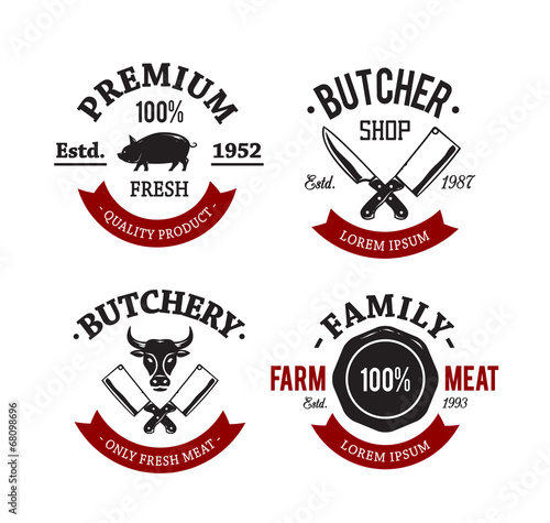 Vector set of vintage butchery meat shop emblems.