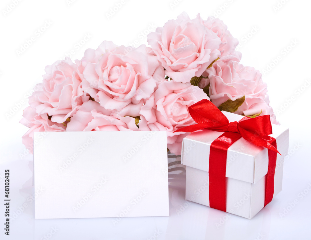 blank card with pink flowers and gift