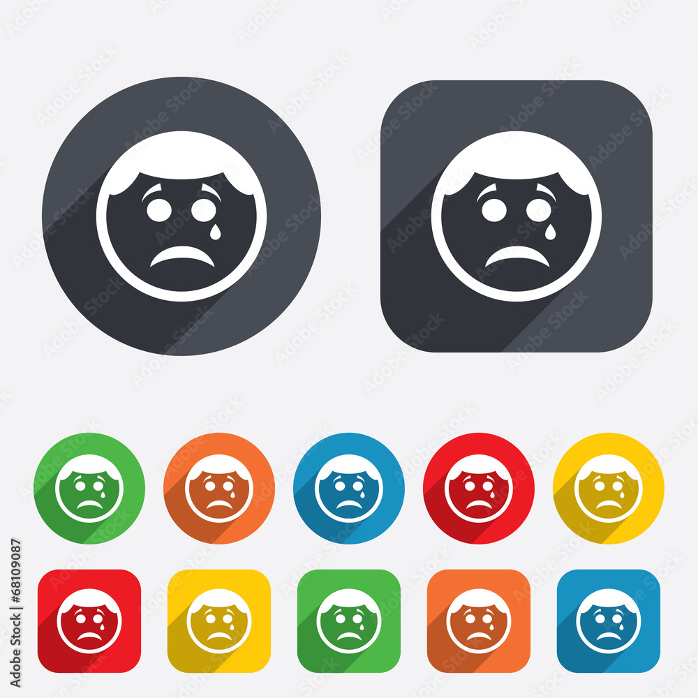 Sad face with tear sign icon. Crying symbol. Sad face with tear sign icon. Crying symbol.
