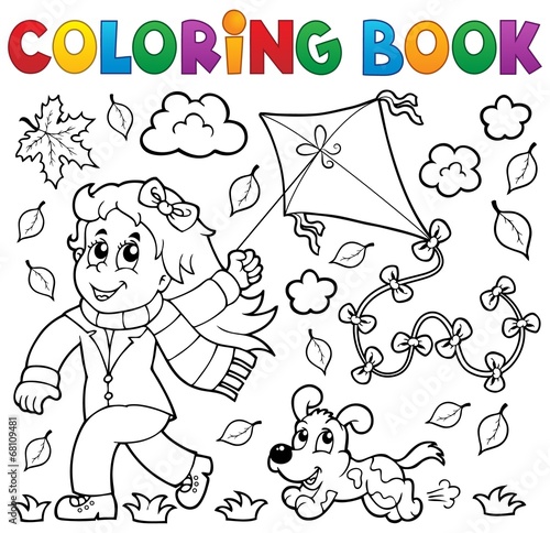 Coloring book with girl and kite