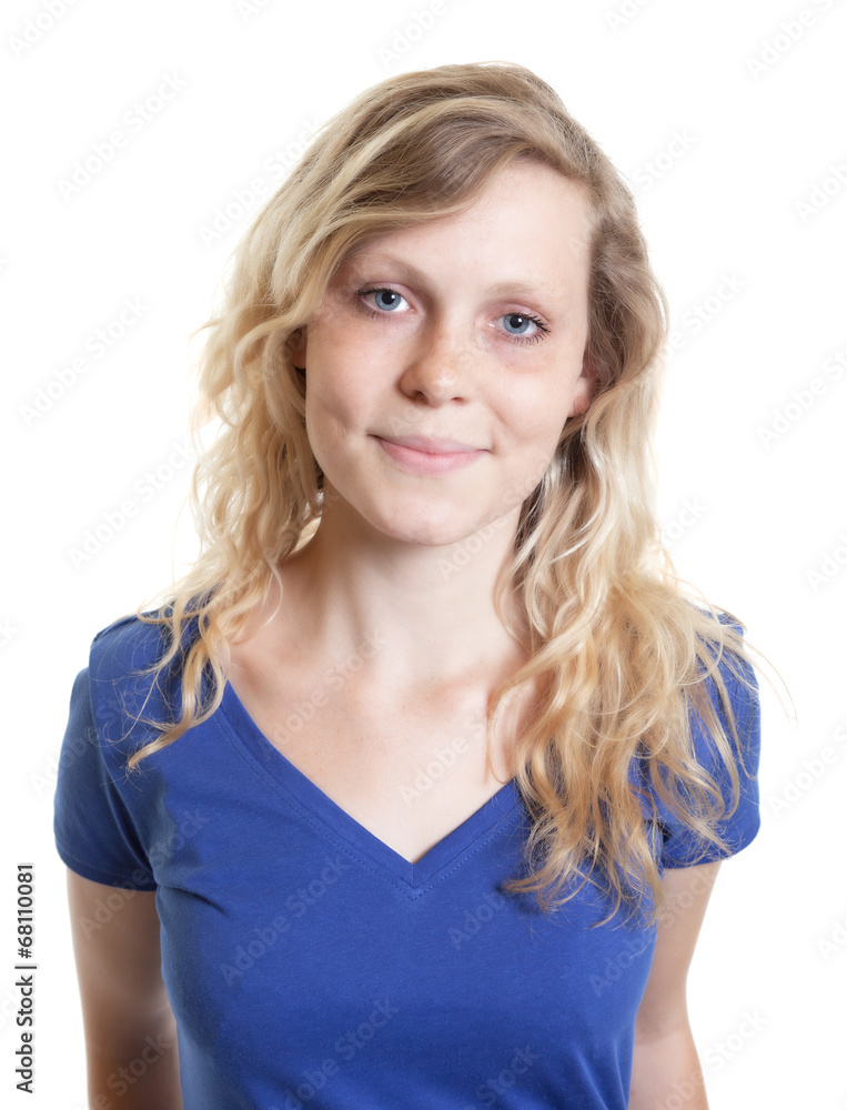 Portrait of a smiling scandinavian woman in a blue shirt Portrait of a smiling scandinavian woman in a blue shirt