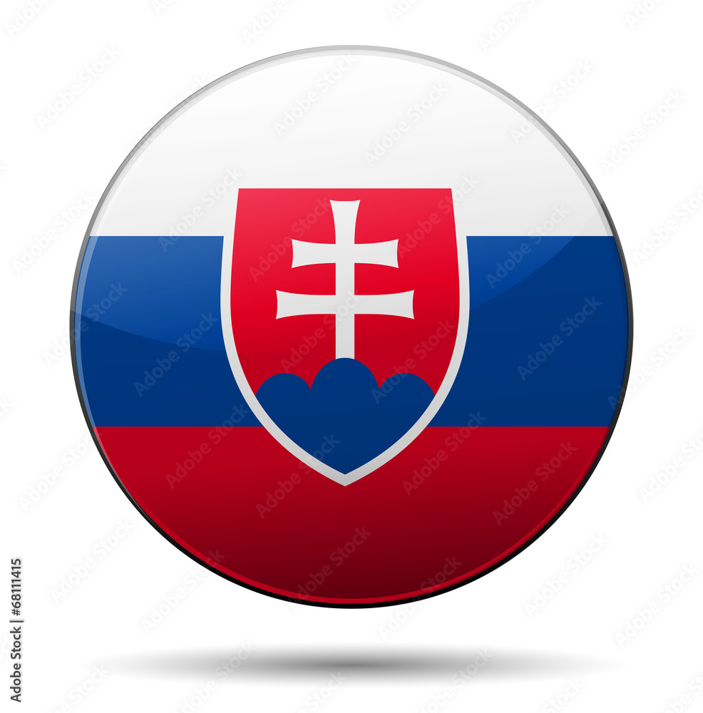 Obraz premium Slovakia flag button with reflection and shadow. Isolated glossy