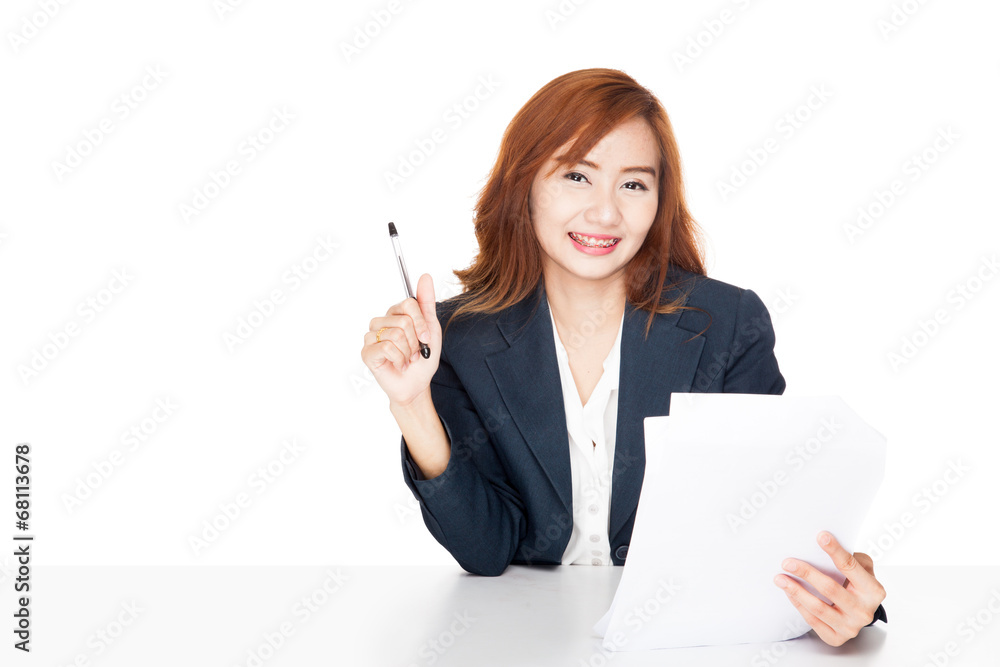 Asian office girl reading document and smile Asian office girl reading document and smile