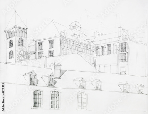 architectural perspective of old mansion