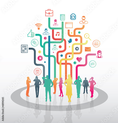 Business people standing with colourful app icons with lines