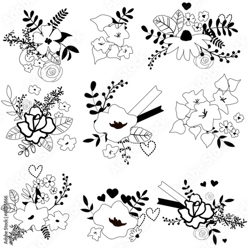 Set of cute hand-drawn floral bouquets  isolated.