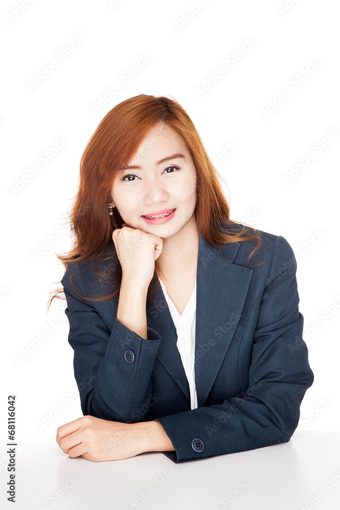 Happy Asian office girl smile resting her chin on hand Happy Asian office girl smile resting her chin on hand
