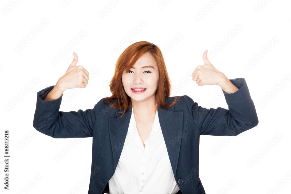 Happy Asian office girl show thumbs up with both hands Happy Asian office girl show thumbs up with both hands