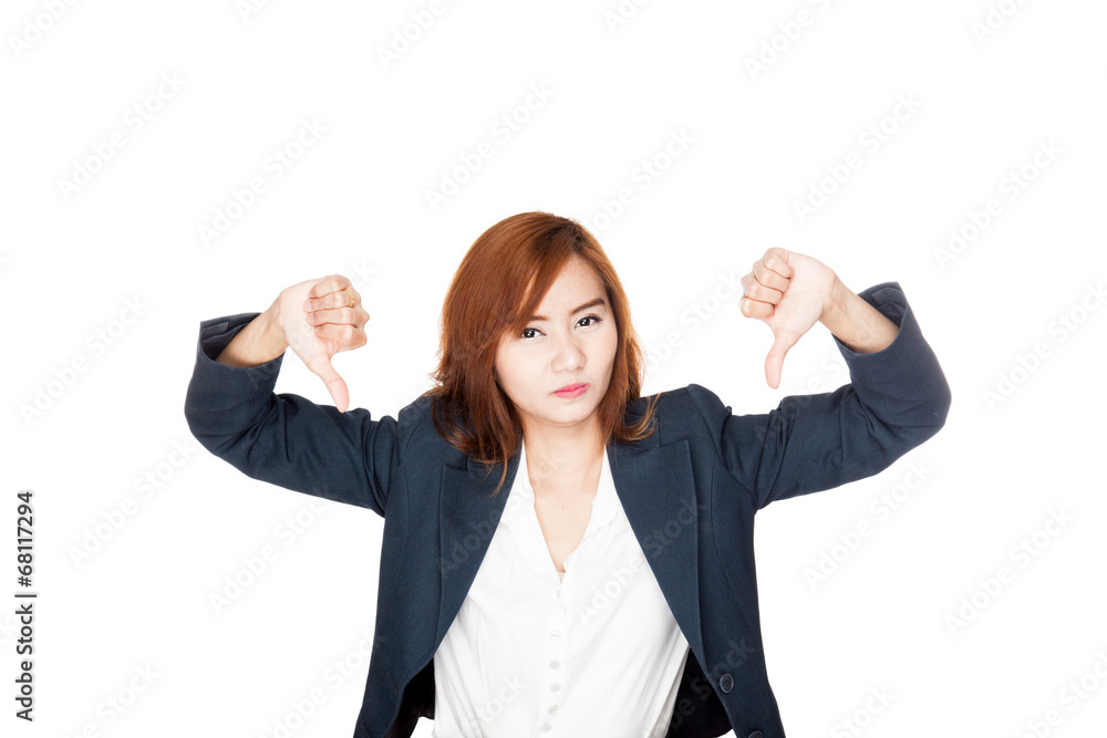Happy Asian office girl show thumbs down with both hands Happy Asian office girl show thumbs down with both hands