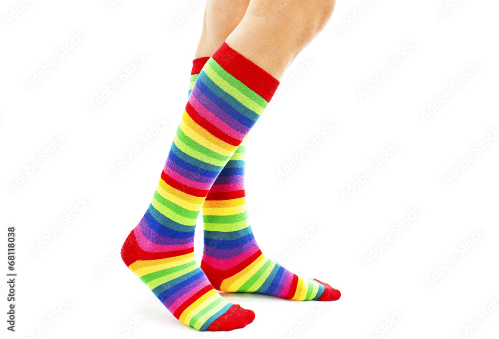 Female wearing rainbow colored socks
