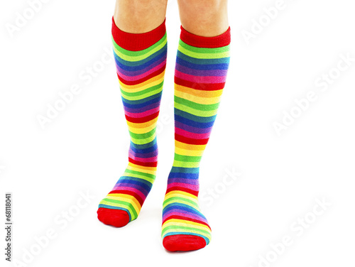 Female wearing rainbow colored socks