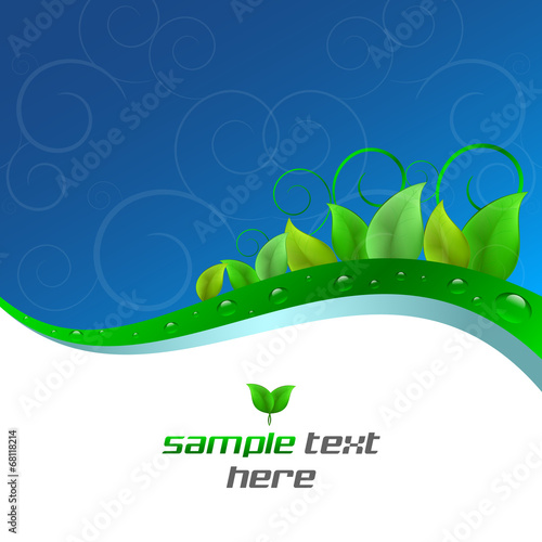Background with ecological theme, green leaves and water drops