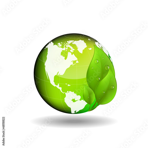 Ecological theme background with green leaves and globe