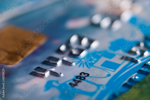 Close up of blue credit card with chip