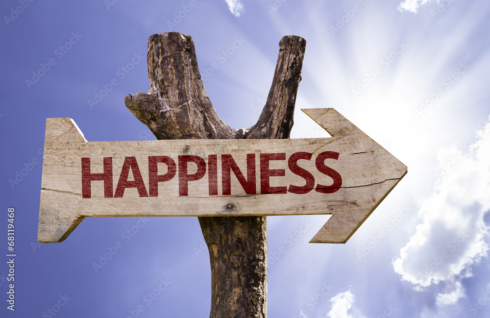 Happiness wooden sign on a beautiful day