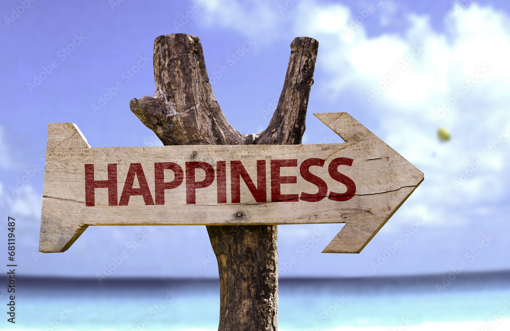 Happiness wooden sign with a beach on background