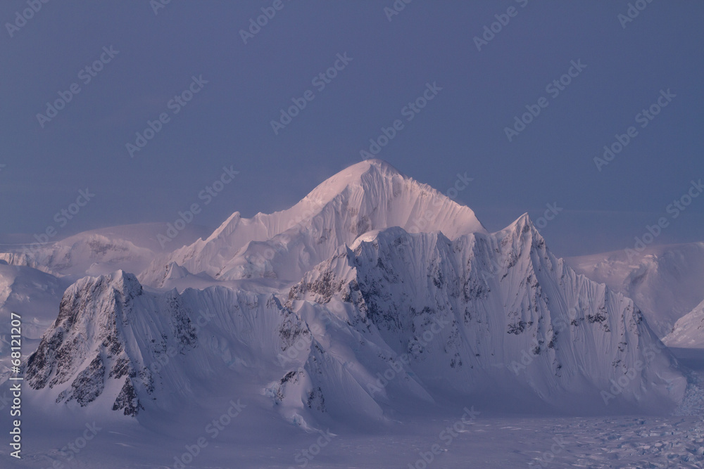 Shackleton Mountain ridge in the Antarctic Peninsula winter even