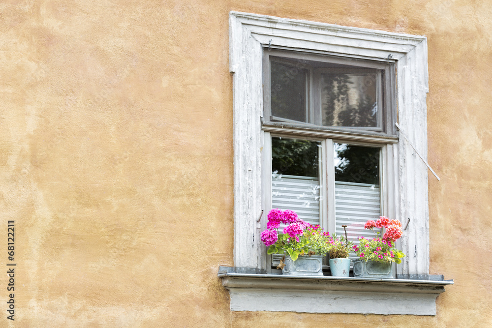 Altes Fenster an einer Häuserfassade mit Blumen