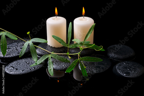 Beautiful spa concept of green tendril passionflower, candles an