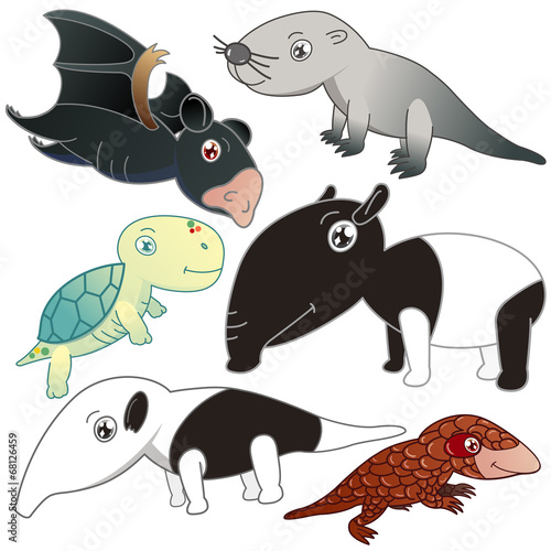 six animals on white background