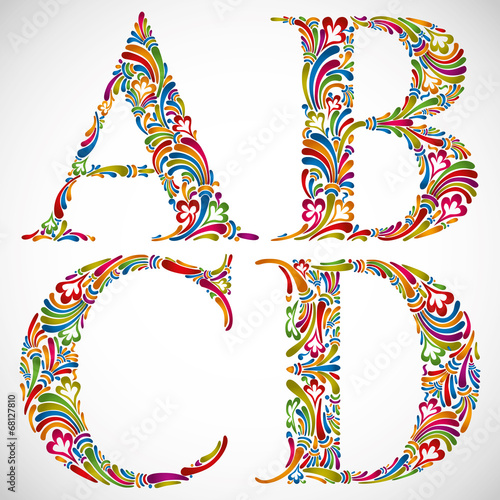 Ornate alphabet letters A B C D.