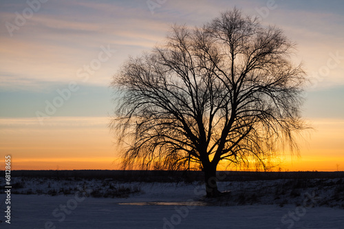 Winter landscape, dawn over the river