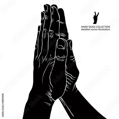 Praying hands, detailed black and white vector illustration.