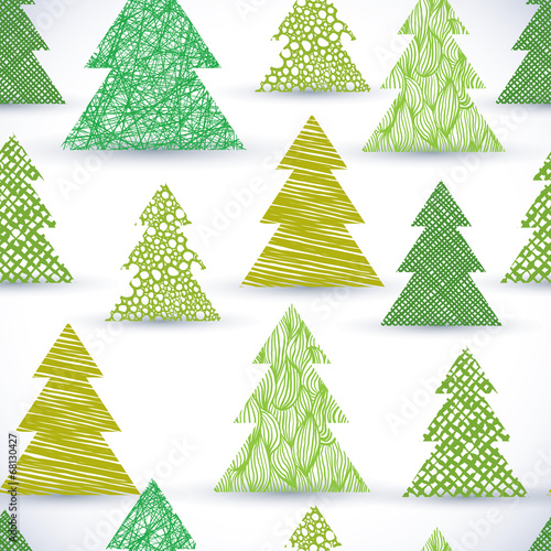 Christmass tree seamless pattern, hand drawn lines textures used