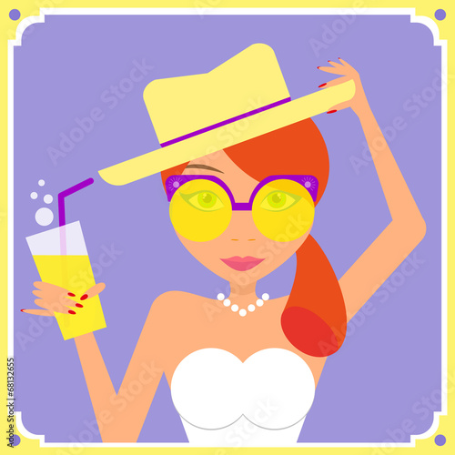 Flat redhair woman wearing yellow retro sunglasses and hat
