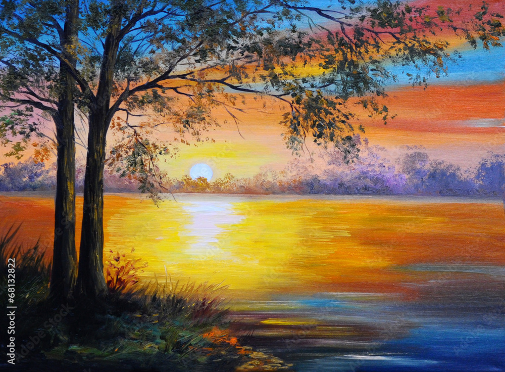 oil painting landscape - tree near the lake