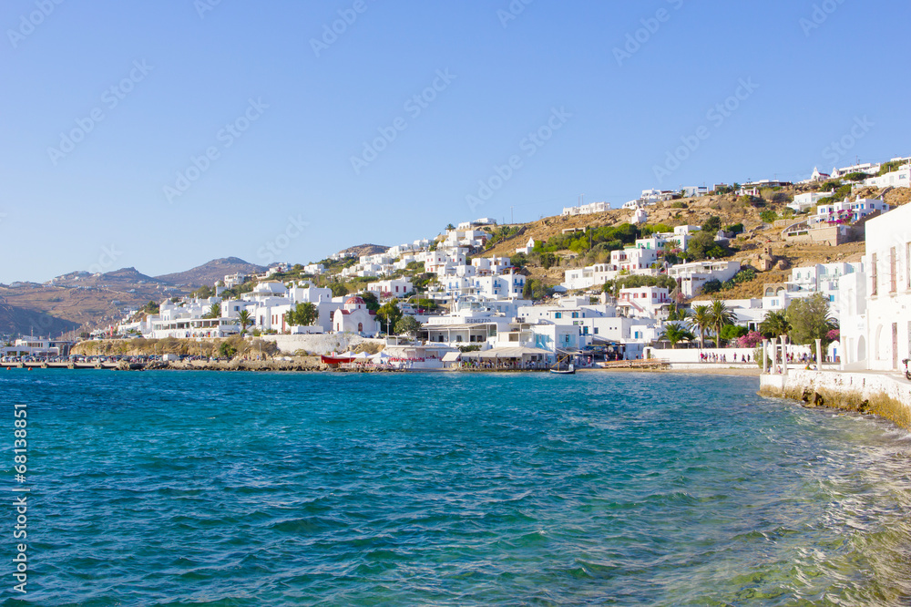 traditional white houses by the sea in Mykonos