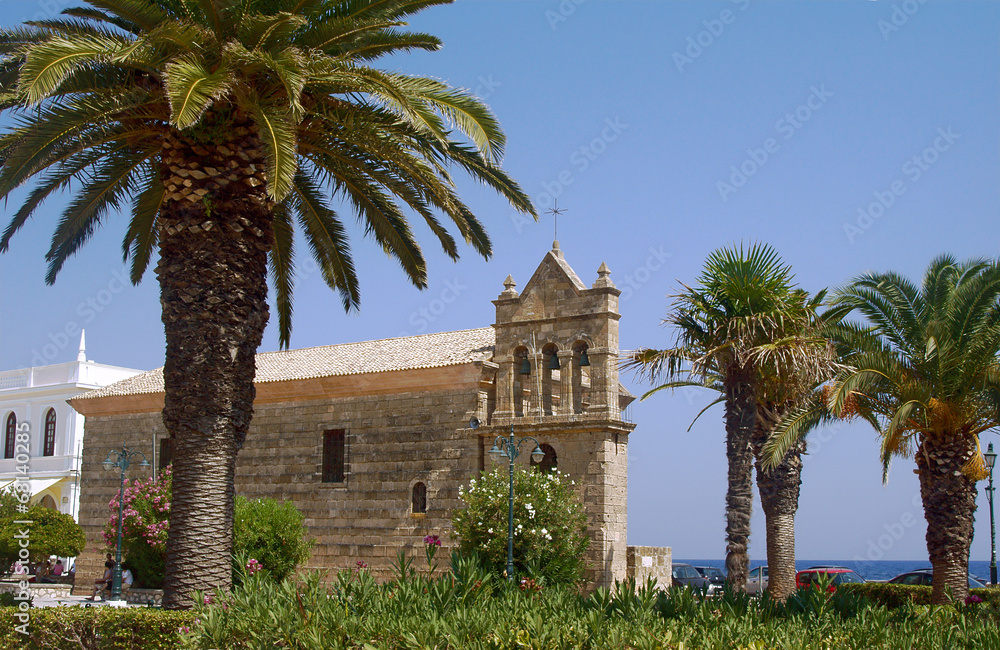 Palms and byzantine church in Zakynthos, Greece